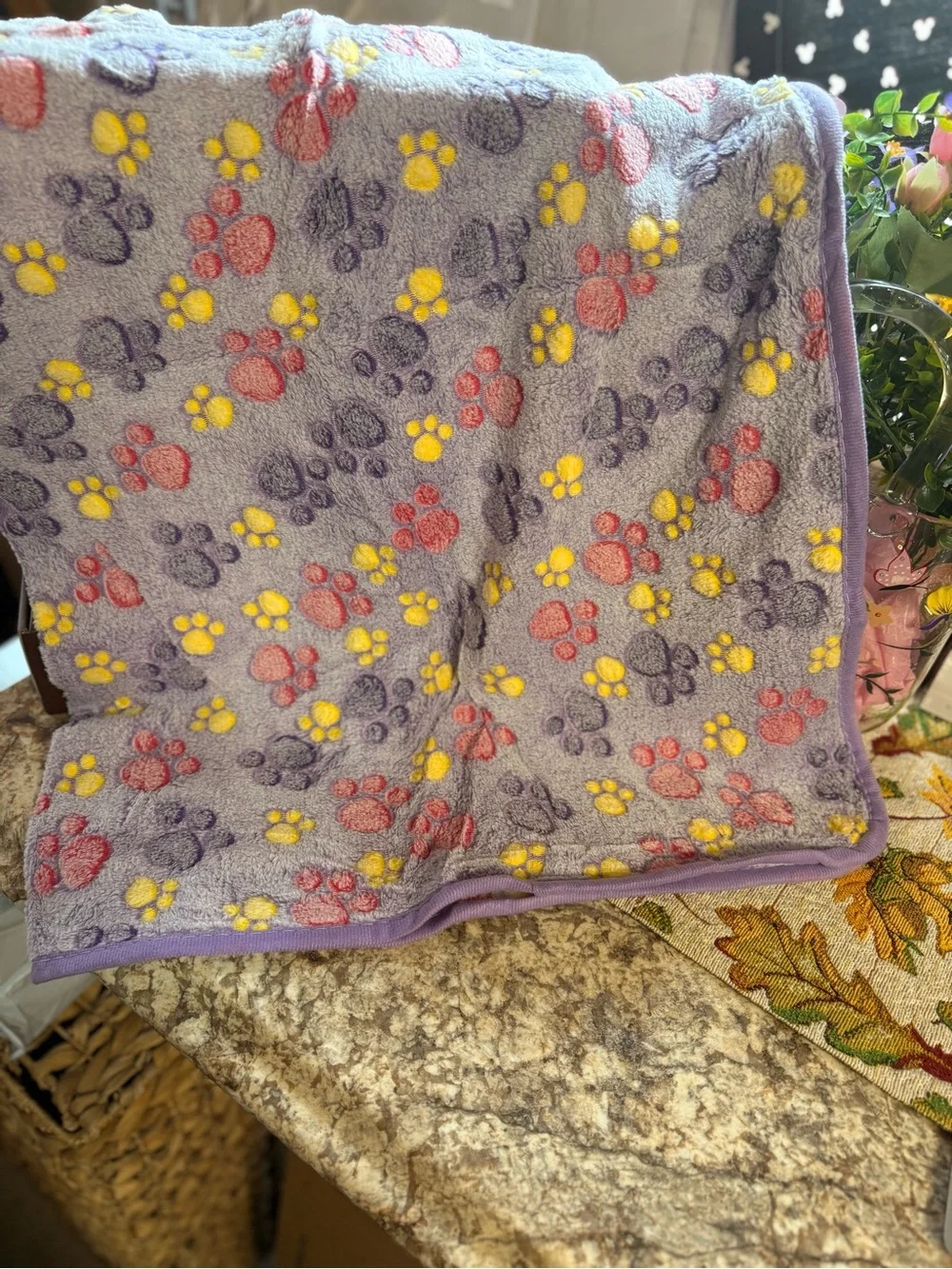 Plush Paw-Print Throw Blanket - Gray with Orange & Blue Accents dog blanket